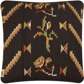 Antique Bessarabian Flatweave Pillow IV, early 20th C. rug with black linen back, invisible zipper closure, and feather and down fill. Measures 22" x 22".