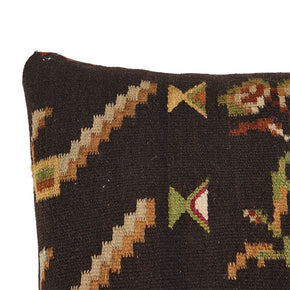 (CORNER DETAIL) Antique Bessarabian Flatweave Pillow IV, early 20th C. rug with black linen back, invisible zipper closure, and feather and down fill. Measures 22" x 22".