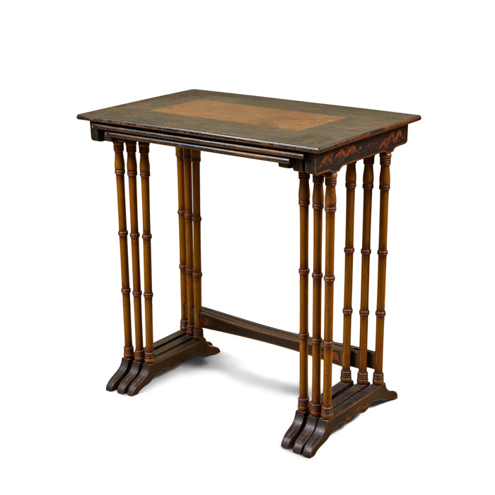 Chinoiserie Set of 3 Nesting Tables.  Three antique nesting tables with faux bamboo legs and painted details on tops. Sturdy with age appropriated distressed paint. Antique Chinoiserie furniture. 30" H x 28" W x 18" D 