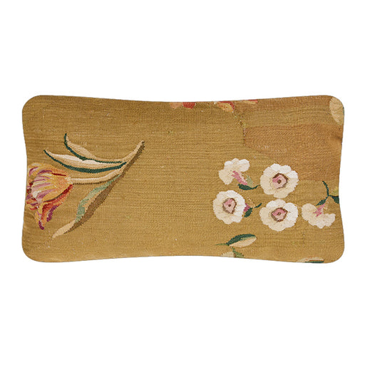 This 18th century European tapestry fragment pillow features assorted blossoms on a muddy gold background. The natural linen back and invisible zipper closure are complemented by a feather and down fill. Dimensions are 10" x 19"