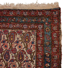 (DETAIL EDGE) Antique Hamadan Rug, an early 20th century rug from Iran featuring an all-over Boteh (Paisley) design. This rug is in good condition with an even pile and minor damage on the right edge. It measures 62x45.