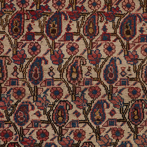 (DETAIL PATTERN AND FABRIC) Antique Hamadan Rug, an early 20th century rug from Iran featuring an all-over Boteh (Paisley) design. This rug is in good condition with an even pile and minor damage on the right edge. It measures 62x45.