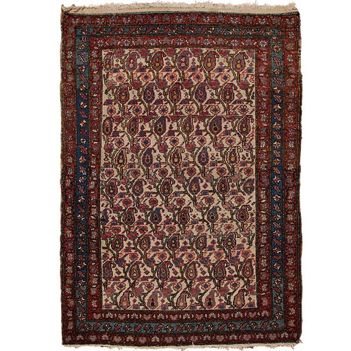 Antique Hamadan Rug, an early 20th century rug from Iran featuring an all-over Boteh (Paisley) design. This rug is in good condition with an even pile and minor damage on the right edge. It measures 62x45.