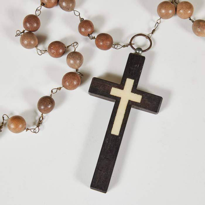 (DETAIL) Antique Ebony, Bone, and Clay Rosary. Antique Rosary with clay beads, ebony cross with bone inlay. Length 37"