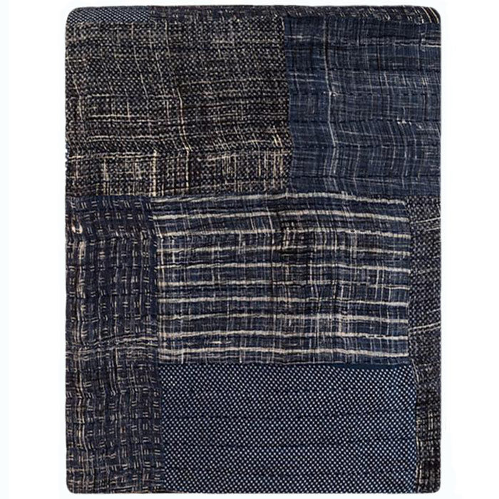 Contemporary bedcover from India, Indigo. Hand-painted, block-printed, over-dyed fine cotton fabric. Hand-quilted with cotton backing.  Hand made therefore each piece varies slightly.  98"H x 96"W.