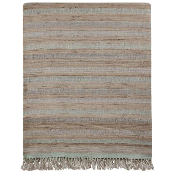 Bedcover Ocean Stripe Pale Teal, Linen & Raw Silk. Handwoven Designer Textile from India. H 115 in. x W 88 in. H 292 cm x W 224 cm.