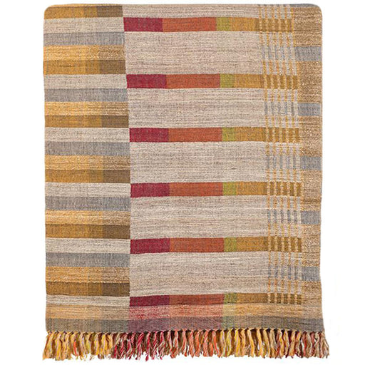 Bedcover Handwoven Japanese Stripe With Reds, Wool & Raw Silk. Designer Textiles from India by Neeru Kumar exclusive to Pat McGann. H 115 in. x W 88 in. H 292 cm x W 224 cm.
