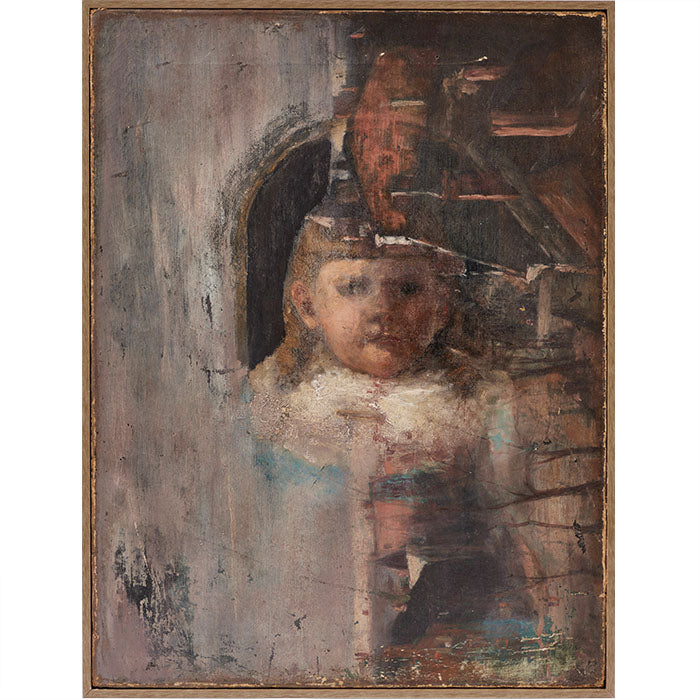 Cloudy Child Oil on Canvas painting with contemporary frame, measuring 25x16. Features age-appropriate chipping at the edges and has no signature.