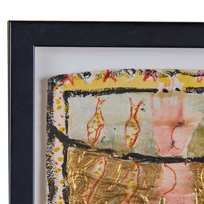 (DETAIL CORNER) Mixed Media Collage. Sarah Draney, Collage, cut outs, gold paint and gouache.  On card. Contemporary frame. 8" x 10"
