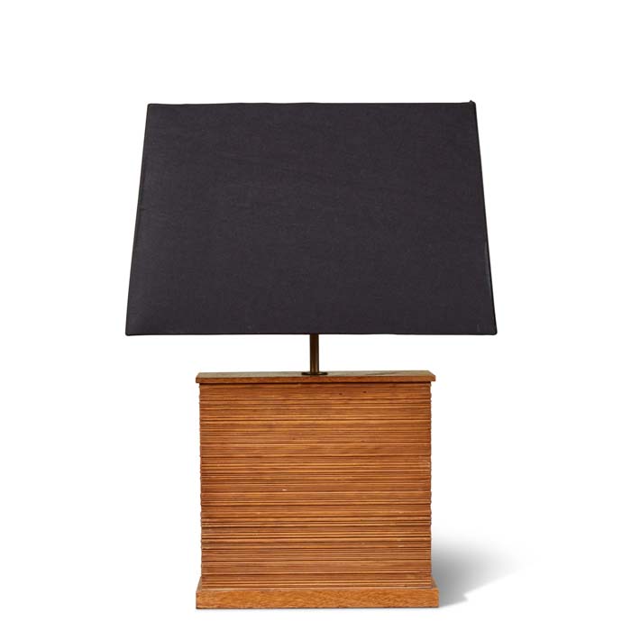 Combed Fir Paul Frankl Lamp. Paul Frankl mid-century modern vintage table lamp with custom black linen shade and diffuser. Updated hardware and silk twist cord wiring. 1940’s / 1950’s Modern furniture wood accessory lighting. 25.5" H x 12" W x 4" D
