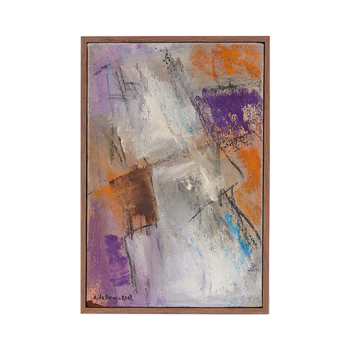 1991 abstract oil on canvas titled "Composición Con Najanja" by Alexandrine De Primio Real. Features a contemporary frame and measures 17" x 11". Signature is located at bottom left.