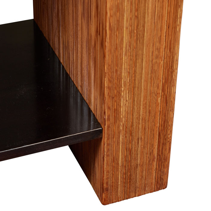 (Base Detail) Paul Frankl Console Table. Mid-century Paul Frankl for Brown-Saltman.  Combed wood pedestals with ebonized top and shelf. 54" x 18" x 30".