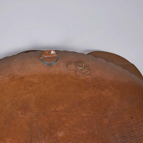 (DETAIL BACK) Francisco Rebari, Copper Charger. Noted Mid-century Mexican coppersmith. Signature on face, hook for hanging on the back. 18" diameter