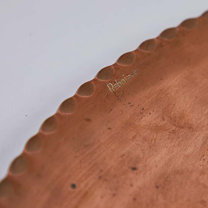 (DETAIL MARK) Francisco Rebari, Copper Charger. Noted Mid-century Mexican coppersmith. Signature on face, hook for hanging on the back. 18" diameter
