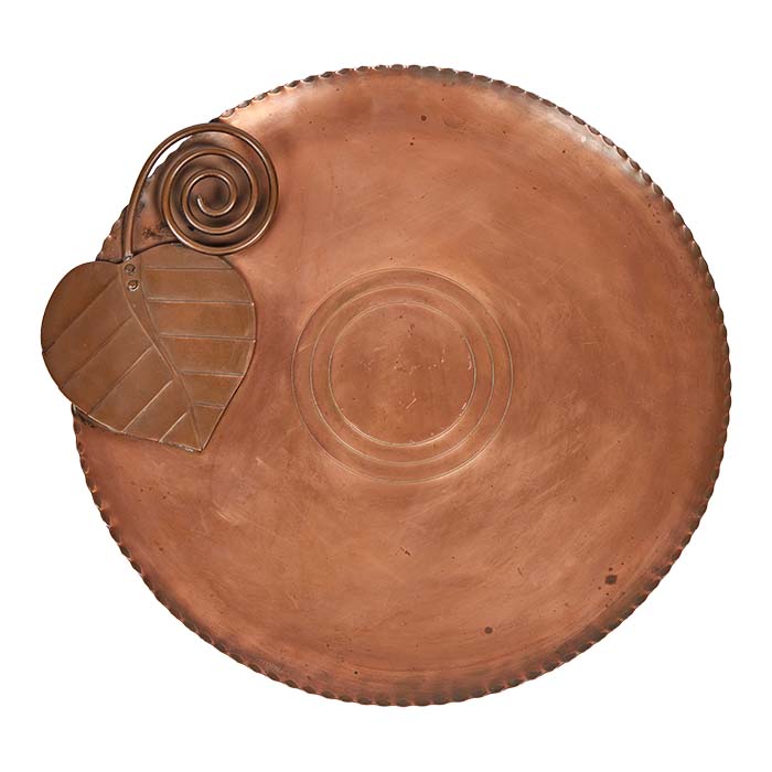 (FRONT) Francisco Rebari, Copper Charger. Noted Mid-century Mexican coppersmith. Signature on face, hook for hanging on the back. 18" diameter