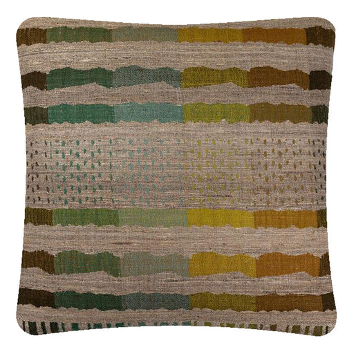 Bauhaus Green Wool & Tussar Silk Decorative Pillow. Neeru Kumar Handwoven Designer Textiles from India. Natural linen back. Invisible zipper closure. 18" x 18" different sizes available.