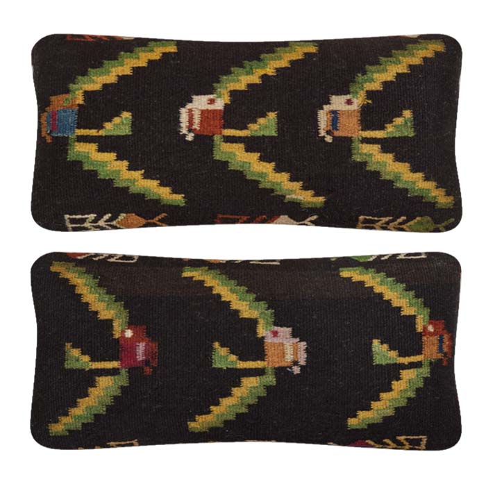 Antique Bessarabian Pillows II. Early 20th C. Bessarabian flatweave rug pillows. Two available, priced individually.  Natural linen backs, zipper closure as shown and feather and down fill.  11" x 21".