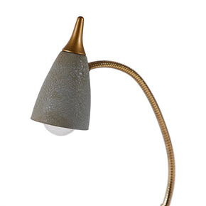 (DETAIL) Eagle HiLite Gooseneck Desk Lamp I, a mid-century gooseneck task lamp with adjustable, bright light. Features updated hardware and a gold silk twist cord, measuring 15" H x 3" diameter base.
