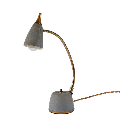 Eagle HiLite Gooseneck Desk Lamp I, a mid-century gooseneck task lamp with adjustable, bright light. Features updated hardware and a gold silk twist cord, measuring 15" H x 3" diameter base.