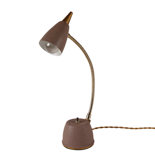 Eagle HiLite Gooseneck Desk Lamp II, a mid-century gooseneck task lamp with easily adjustable, bright light. Features updated hardware and a gold silk twist cord, measuring 15" H x 3" diameter base.