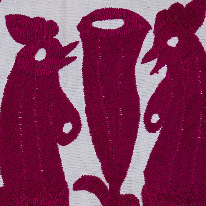 (DETAIL TEXTILE) Embroidered Otomi Textile IV. Contemporary hand embroidered panel made in Mexico. Table cloth, throw, etc. Magenta cotton floss on off-white cotton. 72" x 72"