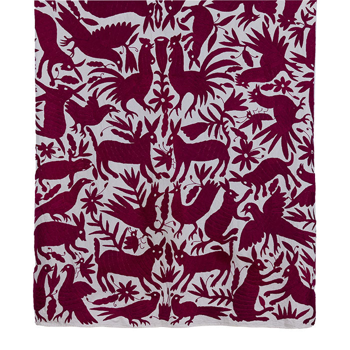 Embroidered Otomi Textile IV. Contemporary hand embroidered panel made in Mexico. Table cloth, throw, etc. Magenta cotton floss on off-white cotton. 72" x 72"