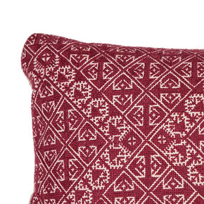(CORNER DETAIL) Image of antique Moroccan Fez embroidery throw bolster pillow II with intricate silk floss on linen embroidery