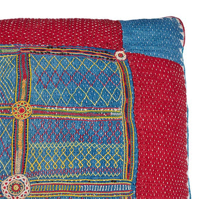 (DETAIL CORNER) Banjara Bag Floor Pillow. All over hand embroidery and quilting on hand woven patchwork cotton. Vintage storage bag reconfigured into a floor pillow. Handmade in Gujarat State in India. Blue linen back. Zipper closure, feather and down fill. 29" x 29"