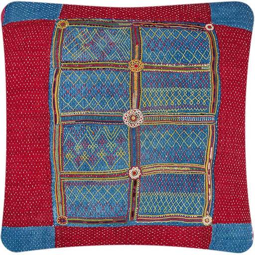 Banjara Bag Floor Pillow. All over hand embroidery and quilting on hand woven patchwork cotton. Vintage storage bag reconfigured into a floor pillow. Handmade in Gujarat State in India. Blue linen back. Zipper closure, feather and down fill. 29" x 29"