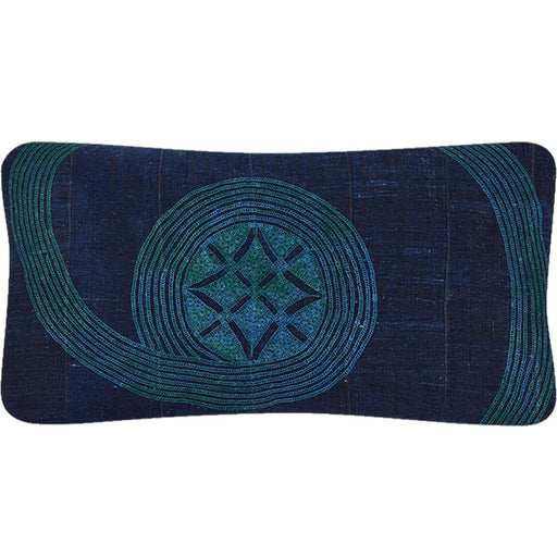 African Embroidery Pillow Indigo/Green II. Made from a vintage Hausa Chief’s Robe, known as a Boubou. Hausa is the largest tribal group in Nigeria. Floss hand embroidery over striped cotton fabric woven in narrow panels. Backed with natural linen. Invisible zipper closure, feather and down fill. 15" x 27"