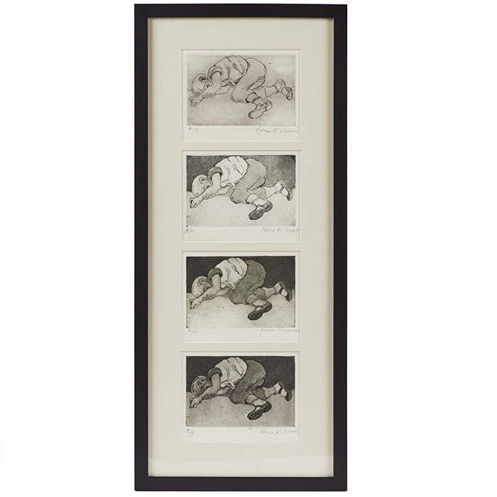 Karen K. Lewis Series of Prints featuring a child sleeping. These prints are created by Ojai CA artist, Karen Lewis, and include artist's proofs from beginning to end. The contemporary frame measures 27x12.