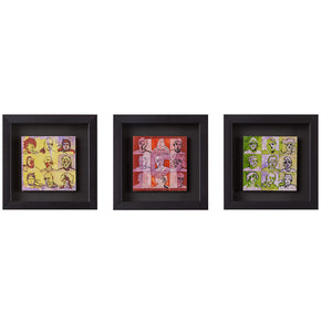 (FULL SET OF 3) Lino Tiles Triptych featuring etched faces on lino tiles. This set includes contemporary frames, measures 7x7, and is sold as a set. The triptych is unsigned.
