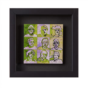(PIECE 2/3 GREEN) Lino Tiles Triptych featuring etched faces on lino tiles. This set includes contemporary frames, measures 7x7, and is sold as a set. The triptych is unsigned.
