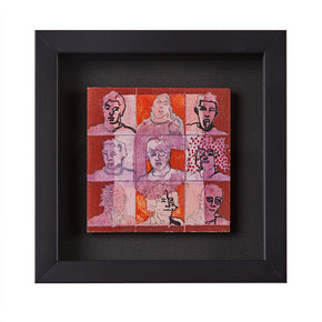 (PIECE 3/3 RED) Lino Tiles Triptych featuring etched faces on lino tiles. This set includes contemporary frames, measures 7x7, and is sold as a set. The triptych is unsigned.
