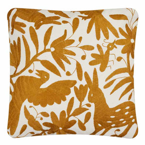 Mexican Otomi Embroidery Pillow. Mexican Otomi embroidery fabric textile pillow. Gold colored floss thread on white cotton. Natural linen back, feather and down fill with invisible zipper closure. 18" x 18"