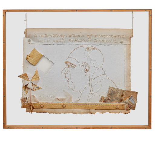 "A Startling Return of Ornament As a Post-Modernist Concern" Mixed Media Collage in original Plexiglass Frame. Myrna Shiras (1934-2019), Palos Verdes, CA. 27.5" x 34"