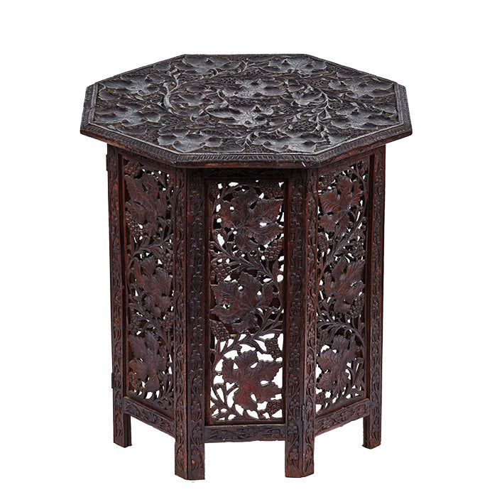 Octagonal Anglo Indian Tea Table Early 20th C. Intricately carved rosewood. Top has been affixed. 20" x 20" x 22"