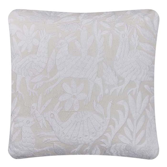 White on White Otomi Pillow. Mexican Otomi embroidery pillow. White floss thread on white cotton. White linen back, feather and down fill with invisible zipper closure. 18" x 18"