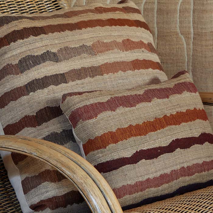 (CUSTOM PILLOWS) Fabric by the yard -- OS warm stripe. Raw Tussar Silk and Wool by Neeru Kumar Handwoven Designer Textiles from India.