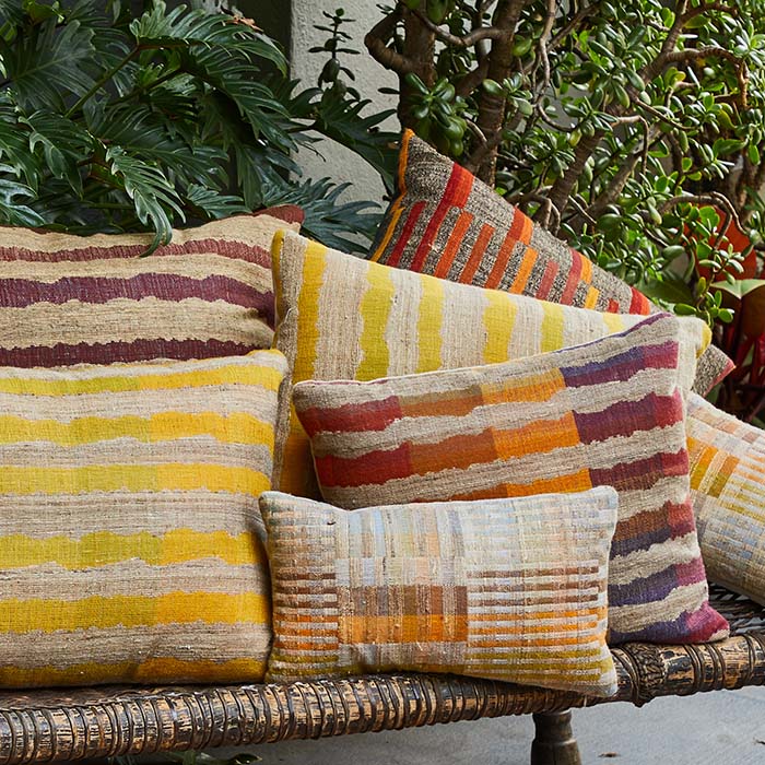 (PILLOWS) Fabric by the yard -- Ocean stripe yellow pattern. Raw Tussar Silk and Wool by Neeru Kumar Handwoven Designer Textiles from India.