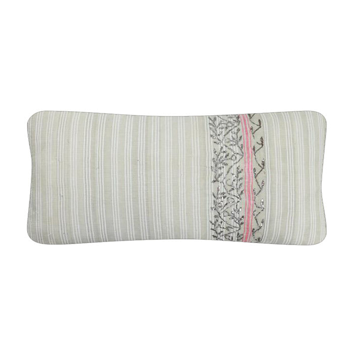 Decorative Pillow, 19th C. Turkish. Silver metallic thread embroidery with pink stripe detail on handwoven beige and white stripe linen. Natural linen back. Invisible zipper closure and feather and down fill. 13" x 26"