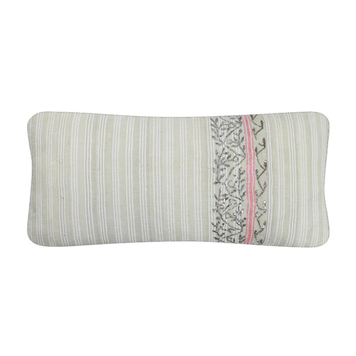 Decorative Pillow, 19th C. Turkish. Silver metallic thread embroidery with pink stripe detail on handwoven beige and white stripe linen. Natural linen back. Invisible zipper closure and feather and down fill. 13" x 26"