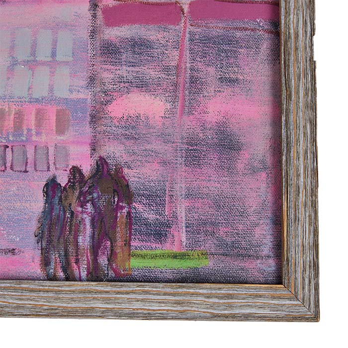 (DETAIL OF PEOPLE) "Pink" Urban Landscape Painting. Acrylic on Canvas. Contemporary frame. 10" x 13"