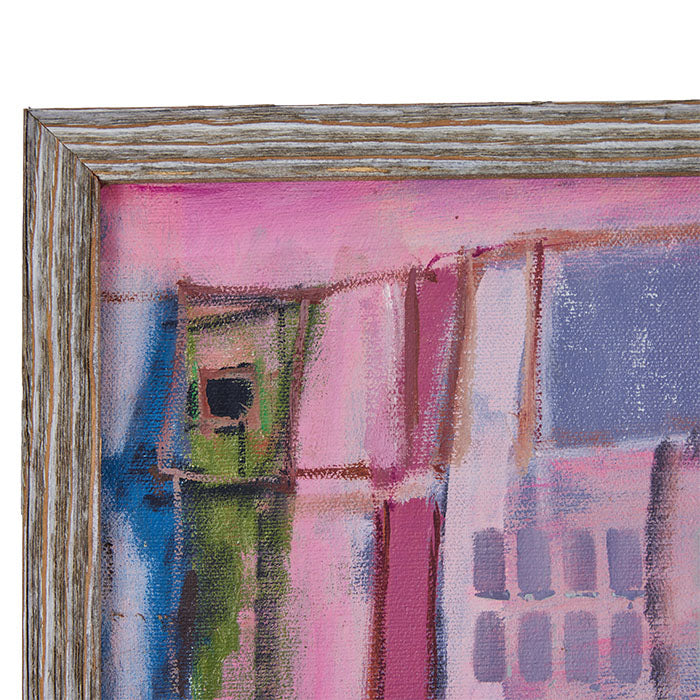 (DETAIL) "Pink" Urban Landscape Painting. Acrylic on Canvas. Contemporary frame. 10" x 13"
