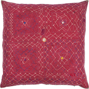 Quilted Banjara Bag Pillow. All over hand quilting on hand woven cotton.  Vintage storage bag reconfigured into a pillow. Handmade in Gujarat State in India. Natural linen back. Zipper closure, feather and down fill. 20" x 20"