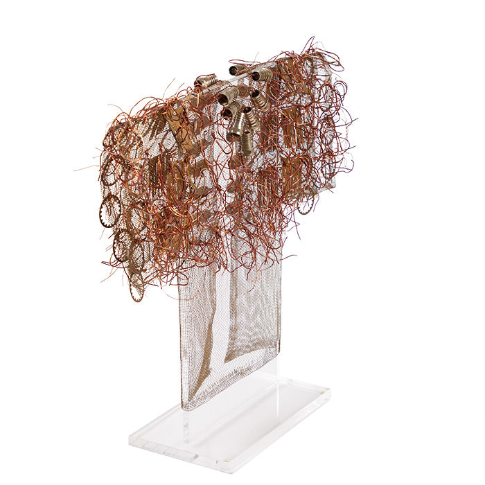 (SIDE VIEW) Recycled Circuit Wire Sculpture: "Kimono" by Susan McGehee - Recycled wire "Kimono" sculpture by Susan McGehee. Handcrafted and presented on a lucite stand, this 13" x 14" x 4".