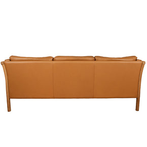 (BACK) Scandinavian Leather Sofa I created in the late 20th century with a caramel colored leather and wood frame. This sofa measures 75x31 and is a perfect addition to any living space.