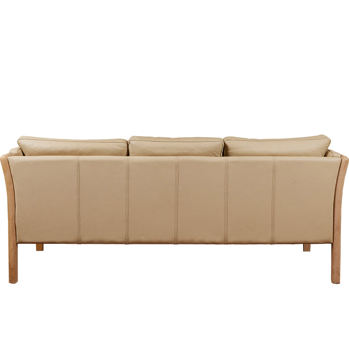 (BACK) 3 Seat Scandinavian Leather Sofa II. Late 20th C. cream colored leather sofa with pale wood frame. 75" W x 31" H