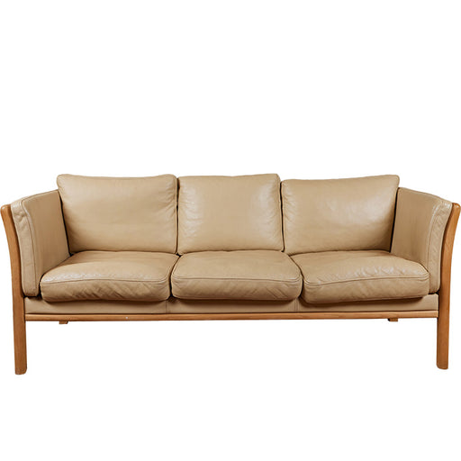 3 Seat Scandinavian Leather Sofa II. Late 20th C. cream colored leather sofa with pale wood frame. 75" W x 31" H