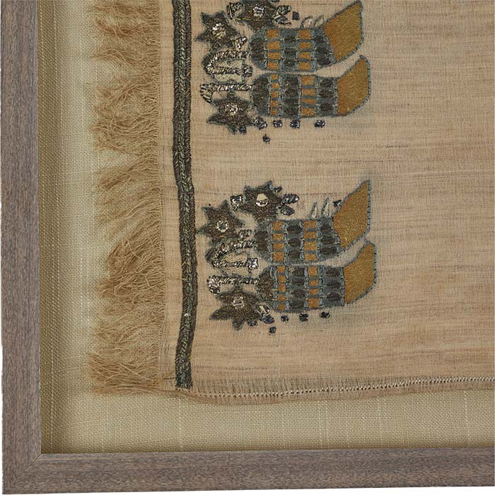 (DETAIL) 19th C. Ottoman Embroidered Textile. Handwoven linen towel with silk and metallic thread embroidery. Floating in a contemporary frame with fabric mat. Hooks and hangers on back to facilitate vertical or horizontal wall placement. 13" x 22"